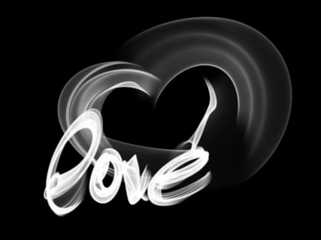 Love isolated word lettering and heart written with fire flame or smoke on black background.