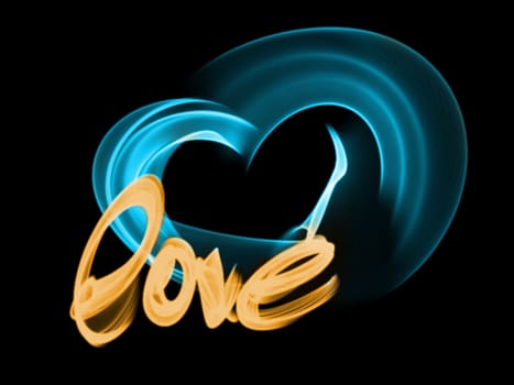 Love isolated word lettering and heart written with fire flame or smoke on black background.