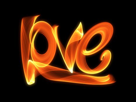 Love isolated word lettering written with fire flame or smoke on black background.