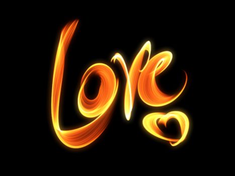 Love isolated word lettering and heart written with fire flame or smoke on black background.