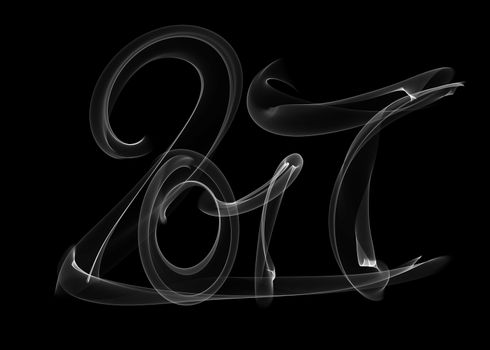 Happy new year 2017 isolated numbers lettering written with white fire flame or smoke on black background.