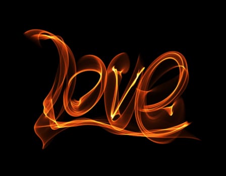 Love isolated word lettering written with fire flame or smoke on black background.