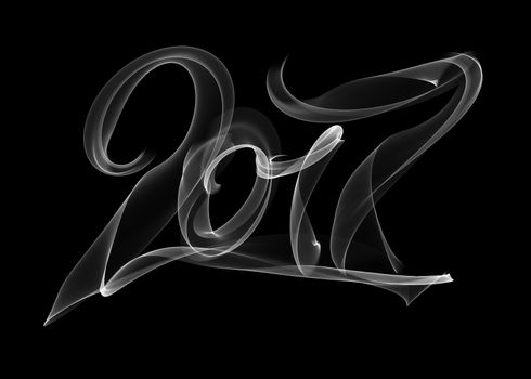 Happy new year 2017 isolated numbers lettering written with white fire flame or smoke on black background.