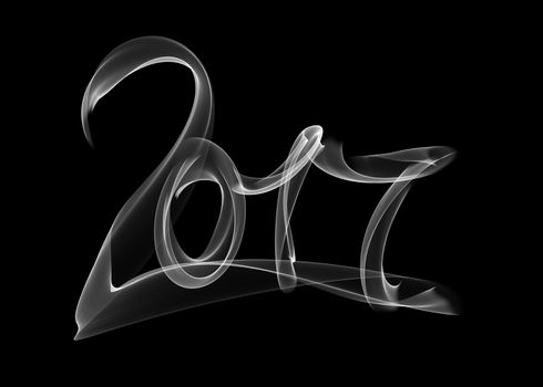 Happy new year 2017 isolated numbers lettering written with white fire flame or smoke on black background.