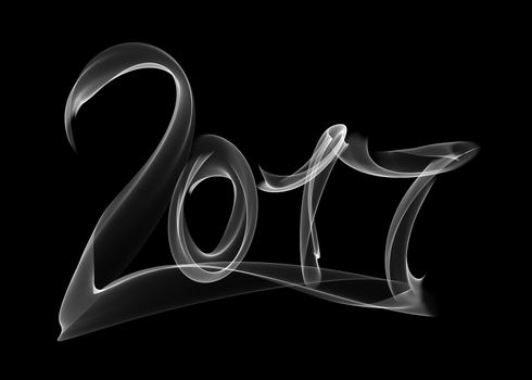 Happy new year 2017 isolated numbers lettering written with white fire flame or smoke on black background.