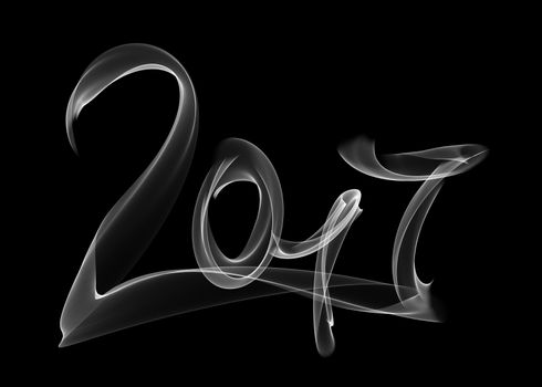 Happy new year 2017 isolated numbers lettering written with white fire flame or smoke on black background.