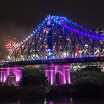 The iconic Story Bridge on New Years Eve 2016 with fireworks in Brisbane, Queensland, Australia