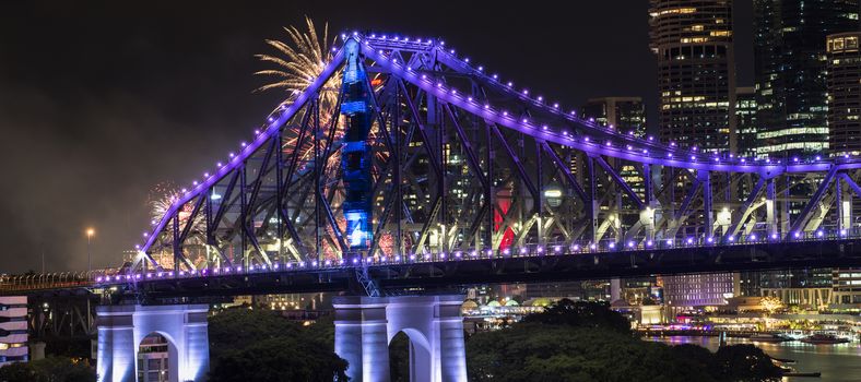 The iconic Story Bridge on New Years Eve 2016 with fireworks in Brisbane, Queensland, Australia