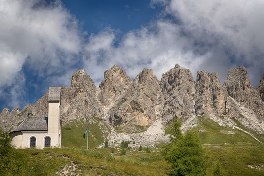 Little Church at the Gardena Pass with mountains of Cir Group in the background, Dolomites