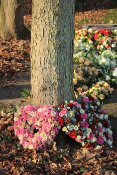 Shaped sympathy or funeral flowers near a tree at a cemetery