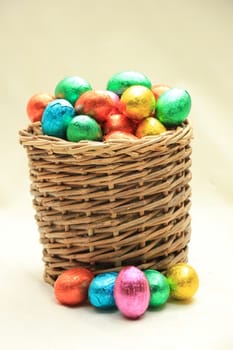 foil wrapped chocolate easter eggs in a wicker basket