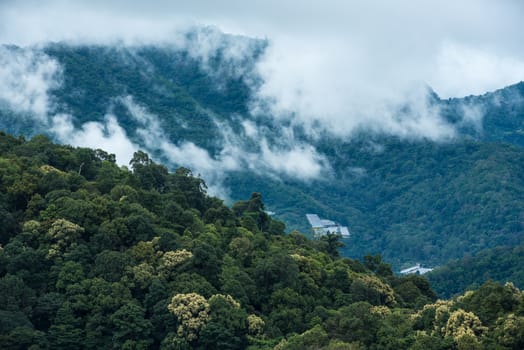 Mountains in tropical rainforest valley landscape with fog at Mon Cham, Chiang Mai, Thailand