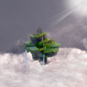 A fantasy realm of a castle with terraces floating in the clouds in a fairytale kingdom.