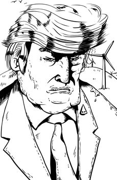 Jan. 2, 2017. Outlined grumpy President Donald J. Trump with bird droppings on shoulder and windmills behind him