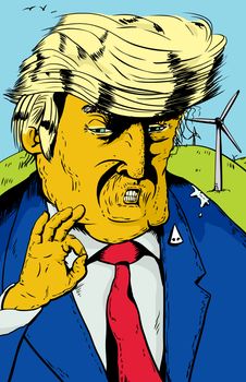 Jan. 2, 2017. Caricature of orange colored President Donald J. Trump with bird droppings and wind turbines
