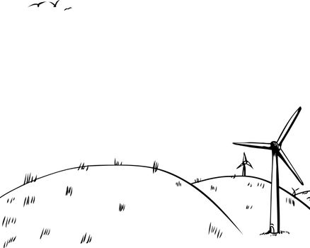 Cartoon background of three wind turbines on side of rolling hills with birds in background