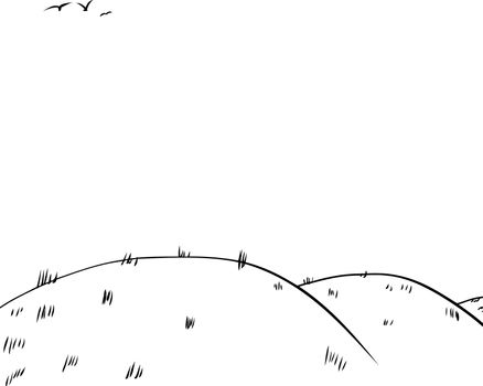 Cartoon outline background of rolling hills with three birds flying in the sky