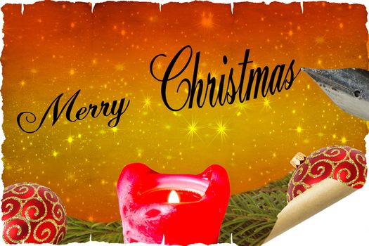 Illustration, christmas card, background with candle and stars and a greeting.
