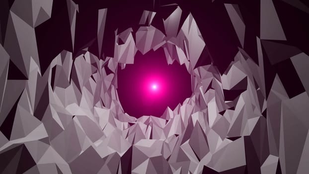 low poly tunnel with a light at the end. Polygons Waves. Background animation. Abstract 3d rendered background.
