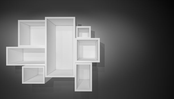 Illuminated white shelf for presentations. Gray background. 3D illustration