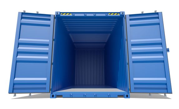 3d rendering of blue open shipping container. Front view. Isolated on white