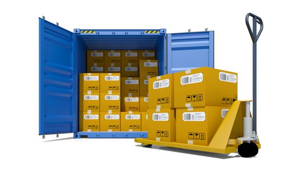 Blue opened cargo container with cardboard boxes inside and yellow pallet trolley, isolated on white background. 3D illustration