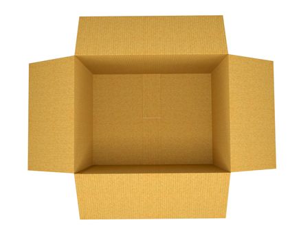 Open Corrugated cardboard box isolated on white background, top view. 3D illustration