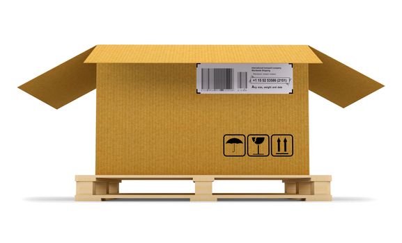 Open cardboard box on wooden pallet. 3D illustration
