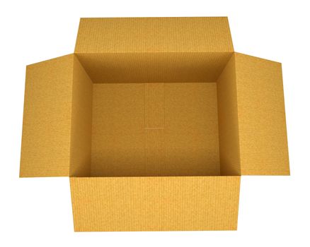 Open corrugated cardboard box on white background. Top view. 3D rendering