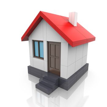 Small house with red roof on white background. 3D rendering