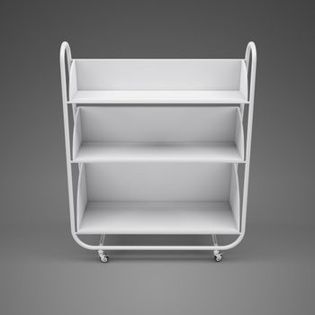 Empty white mobile showcase with shadow on floor. Gray gradient studio background. 3D rendering