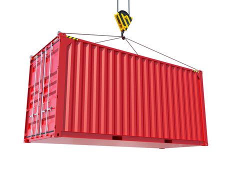 Service delivery - red cargo container hoisted by hook. 3D rendering