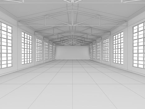 Large modern empty storehouse. 3D illustration. Business concept