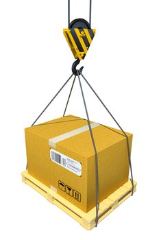 Pallet with cardboard lifted by crane. 3d illustration