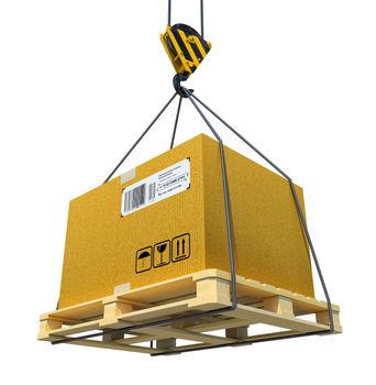 Pallet with cardboard lifted by crane. 3d illustration