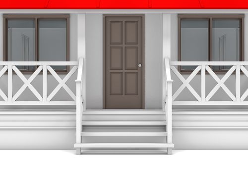 Front view. Close-up house with porch, door and windows. 3D illustration