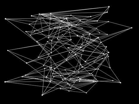 Lines and dots forming mesh. Background for communications or networks. White on black. 3D rendering