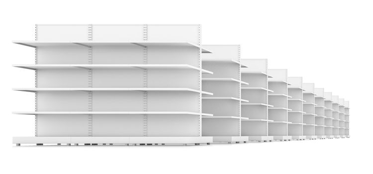 Row of supermarket shelves. 3d illustration, isolated on white