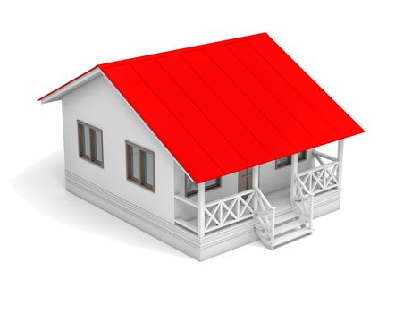 House with red roof and porch. Aerial view. 3D illustration. Isolated