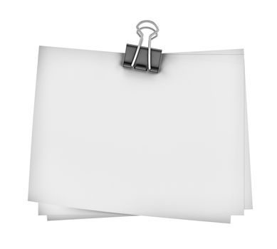 Binder clip and stack of paper. Isolated on white. 3D rendering