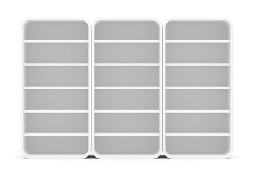 Three empty rounded retail shelves. Front view. Template. 3D Illustration, Isolated on white