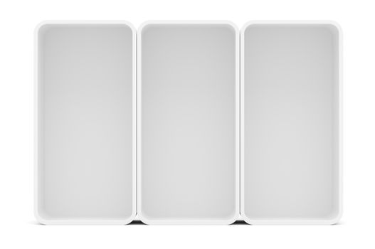 Three blank empty rounded showcase display. Front view. Mock-up. Ready for your design. Isolated. 3D illustration