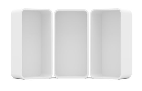 Three blank empty rounded showcase display. Front view. Mock-up. Ready for your design. Isolated. 3D illustration