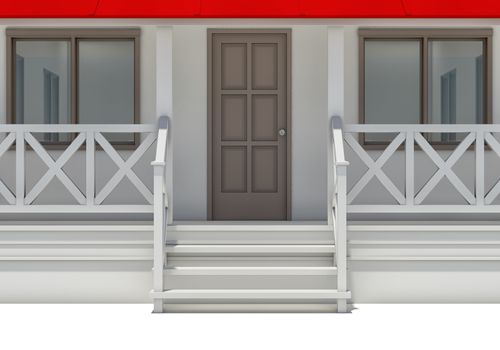 Close-up house with porch, door and windows. Front view. 3D illustration