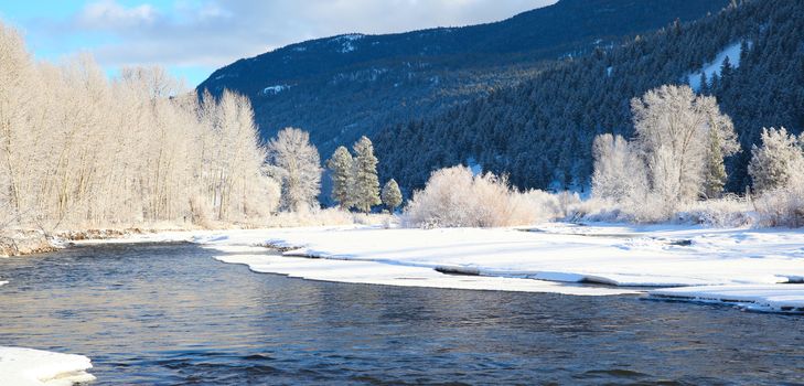 Frozen river with trees and mountain in the background