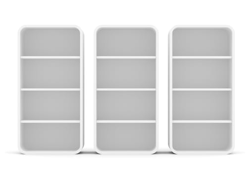 Three empty rotated retail shelves. Front view. Template. 3D Illustration, Isolated on white