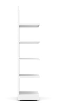 White Empty Retail Shelves. Side View. Isolated On White Background. 3D Illustration