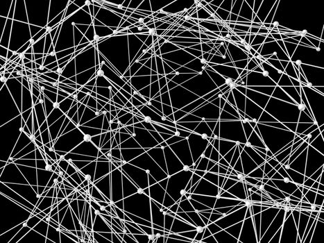 Lines and dots forming mesh. Background for communications or networks. White on black. 3D rendering