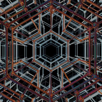 Abstract geometric pattern. Network connection on black background. 3D illustration