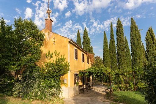 Beautiful traditional vintatge house with vine covered porch and cypresses trees growing in backyard. Portoroz, Slovenia.